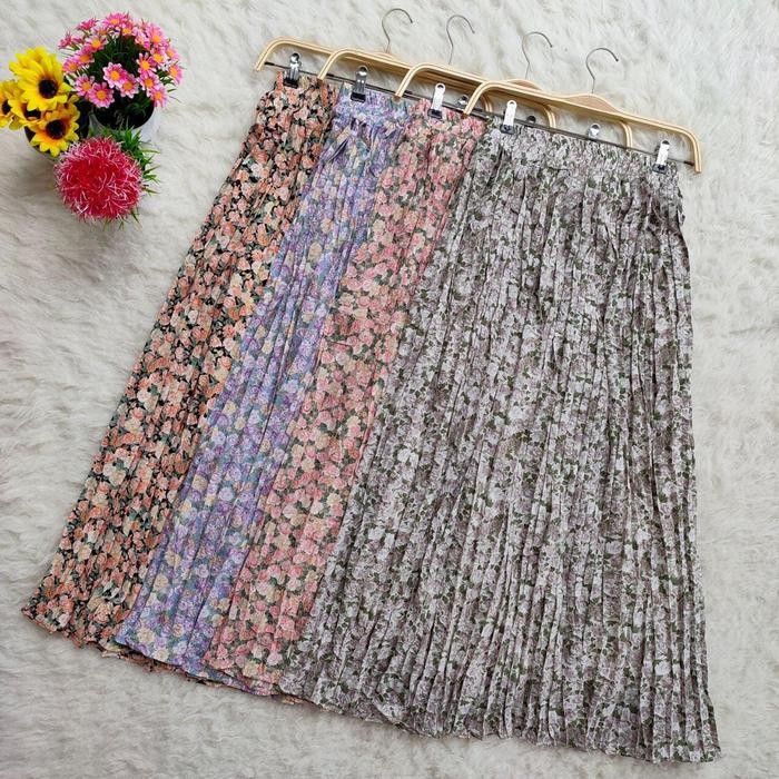 rok plisket motif bunga/Rok plisket import - Orange