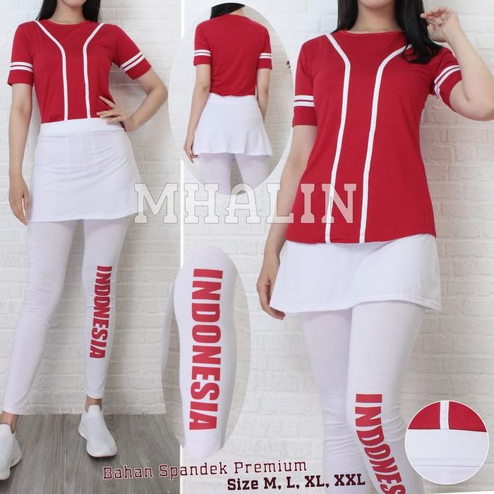 Setelan Senam   Wanita Merah Putih Logo INDONESIA - Baju setelan Olahraga Wanita terbaru Set Sport -