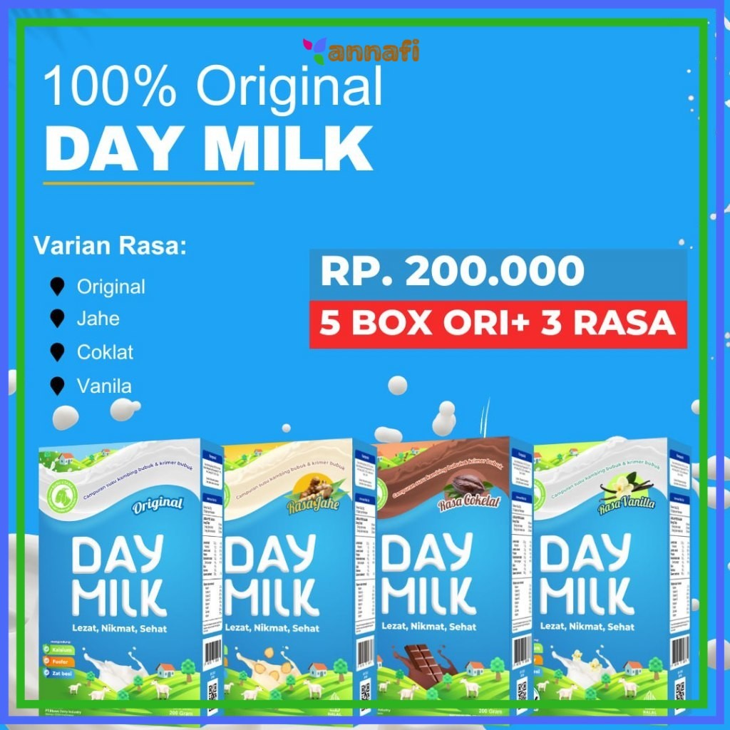 

[Paket 8 Box 4 Original & 4 Rasa] Susu Kambing Etawa Daymilk Atasi Asam Urat | Paket Original dan Rasa Vanilla, Jahe, Cokelat | Susu Kambing Etawa Tingkatkan Kepadatan & Kesehatan Tulang Sendi Susu Anti Asam Urat Rematik Reumatik Nyeri Sendi