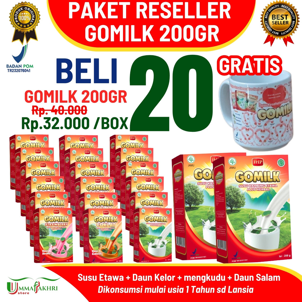 

Paket 20 box GOMILK Susu Kambing Etawa Herbal Plus 200gr - Atasi Asam Urat Rematik Nyeri Sendi