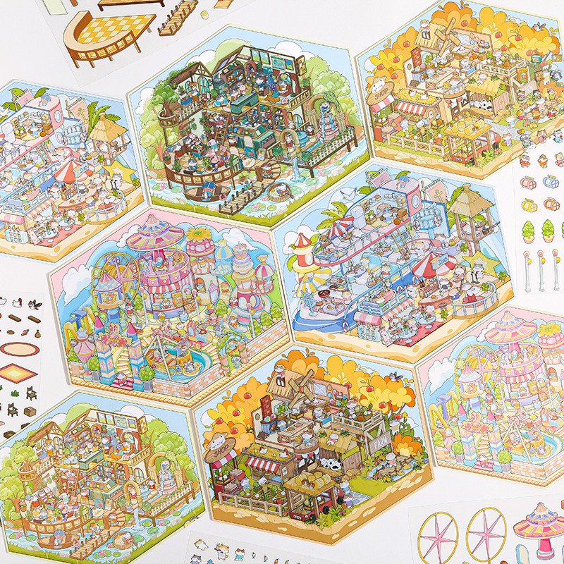 

4 Pack Cute Travel Notes 3D Scrapbooking Stickers Set Large Size Landscaping PET Waterproof Scene Material Aesthetic Stickers