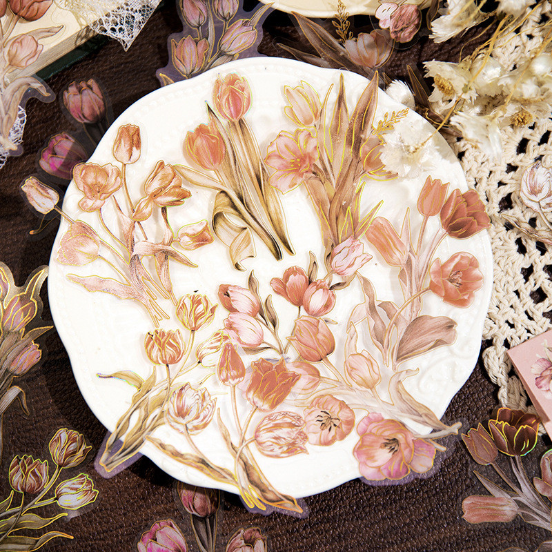 

20Pcs Vintage Tulip Rose Decorative Gold Stamping Sticker Flower Scrapbooking Material Label Diy Diary Album Journal Planner