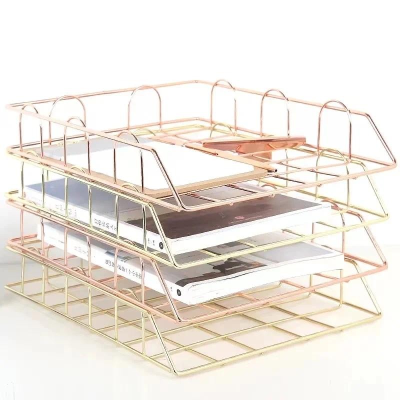 

Rose Gold Metal Stackable Desk Organizer, Office Paper Tray Document Letter Holder, Desktop Organizer for Home School Office