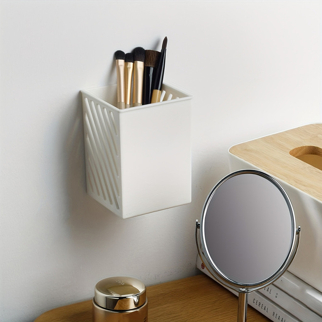 

1pc-Simple Wall-mounted Pen Holder Student Desktop Stick-on Pencil Case Mini Makeup Brush Storage Case Storage Organizer