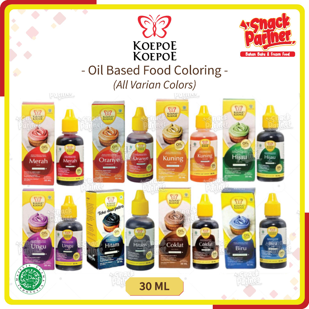 

KOEPOE OIL BASED FOOD COLORING 30 ML - PEWARNA MAKANAN Minyak Buttercream Kue Cake - Coklat Merah Red Orange Kuning Yellow Hitam Black Biru Blue Hijau Green Ungu Purple 30ml