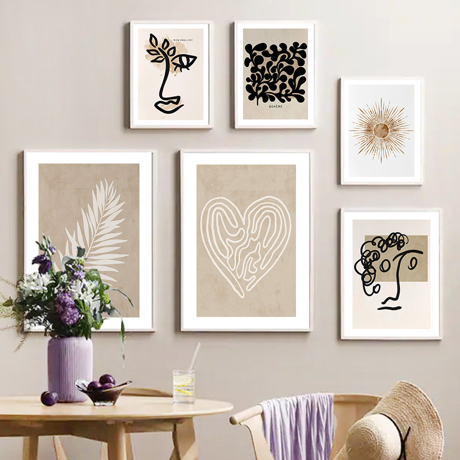 

Abstract Boho Leaves Lines Face Heart Sun Wall Art Canvas Painting Nordic Posters and Prints Wall Pictures for Living Room Decor