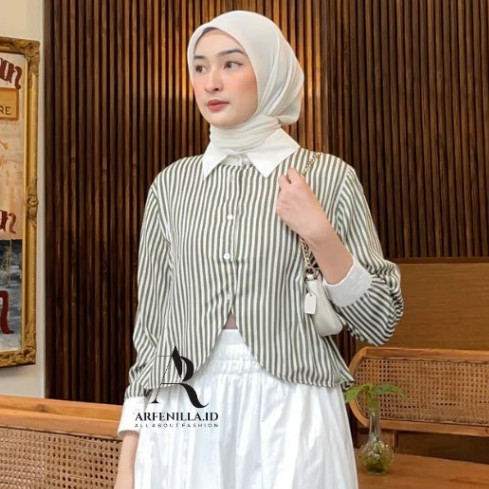 R.A - RJD ATASAN WANITA KEMEJA MODEL TERBARU MOTIF SALUR LENGAN PANJANG / JINGGA Blouse Motif Salur 