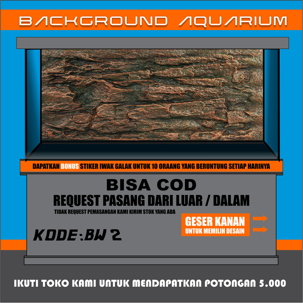 STICKER WALLPAPER BACKGROUND AQUARIUM BELAKANG 3D TEMA GAMBAR ROCKSTONE BATU BW2