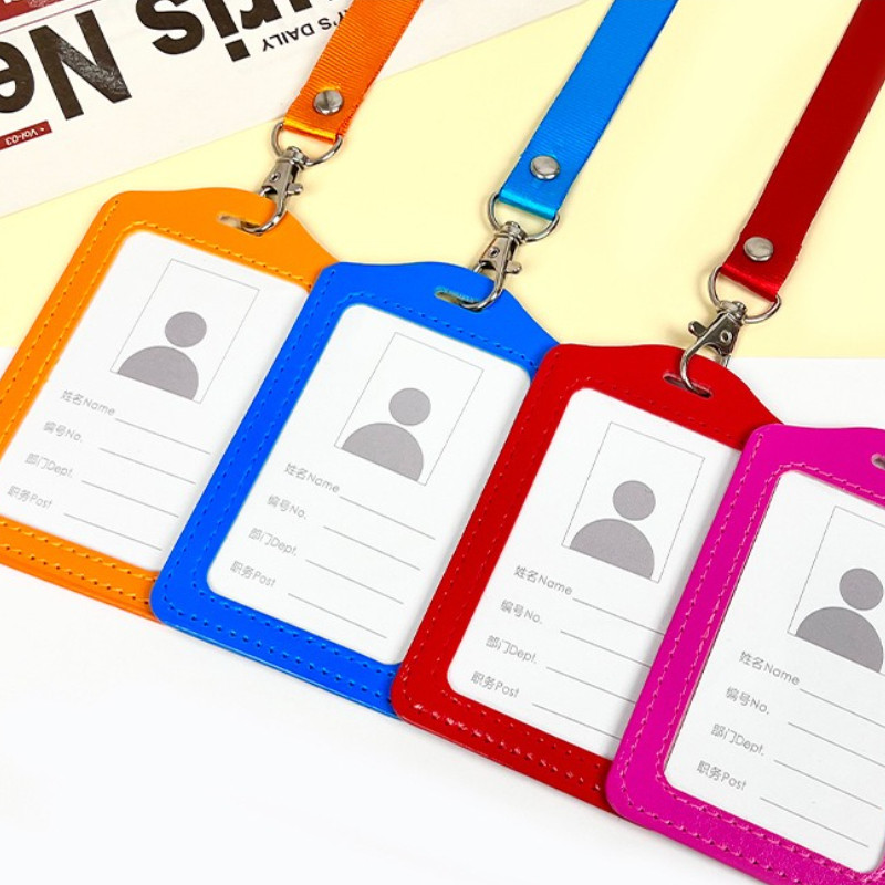 

Business Worker Men Women ID Card Holder with Neck Strap Lanyard PU Leather Solid Color Exhibition Name Card Protector