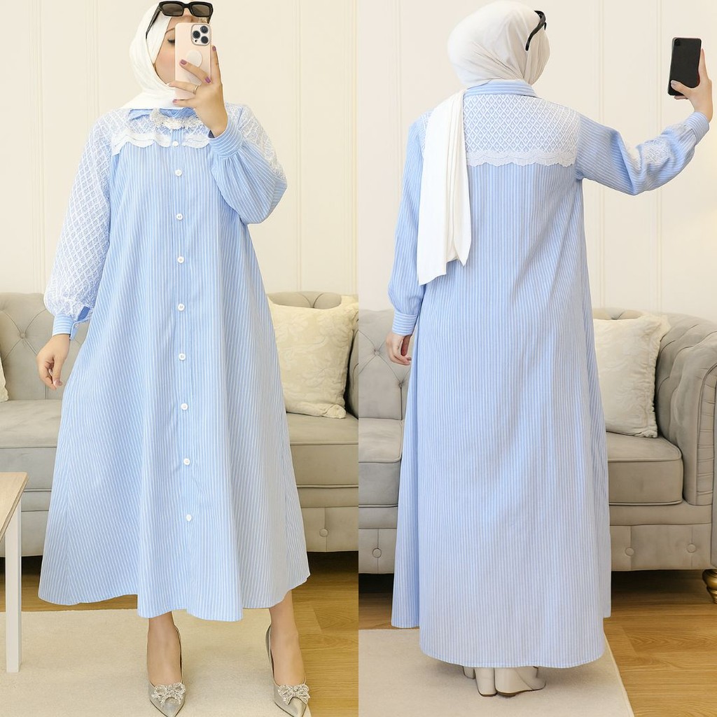 R.A - Gaudi Midi Gamis Muslim Wanita Katun Salur Mix Brukat l Dress Midi Dewasa Modern Kekinian Fit 