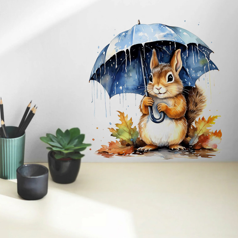 

T395# Squirrel With Umbrella Wall Sticker Bathroom Toilet Decor Living Room Cabinet Refrigerator Home Decoration Decals
