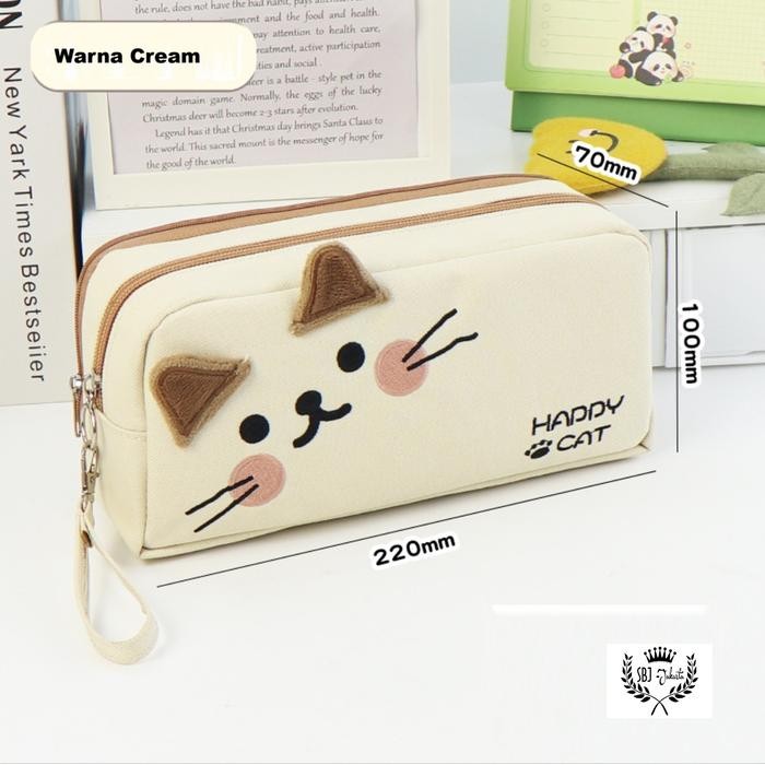 

Terlaris ~[BIG SALE] Tempat pensil kotak pensil happy cat double layer kapasitas besar pencil case - Cream