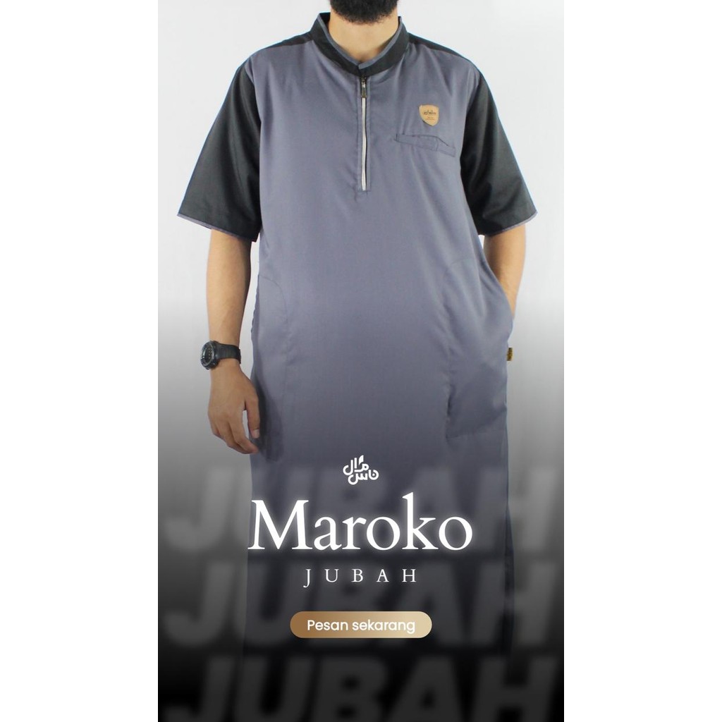 Jubah Pria Lengan Pendek Maroko Bahan Katun Toyobo Premium - Abu-abu, M