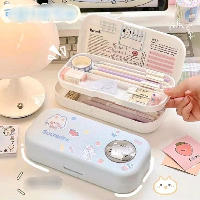 

BEST- [Kuyamol] Tempat Pensil Cute Kotak Pensil Elegan & Stylish Bertingkat dengan Free Sticker - Stationery - pink