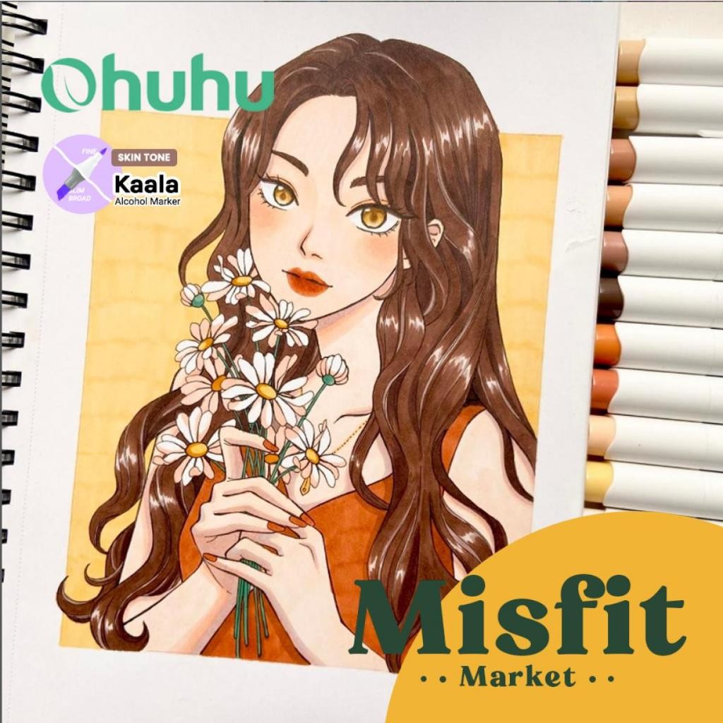 

OHUHU Kaala Basic Skin Tone 24 Colors Dual Tip (Slim Broad & Fine) Alcohol Art Markers Spidol Kuas Warna
