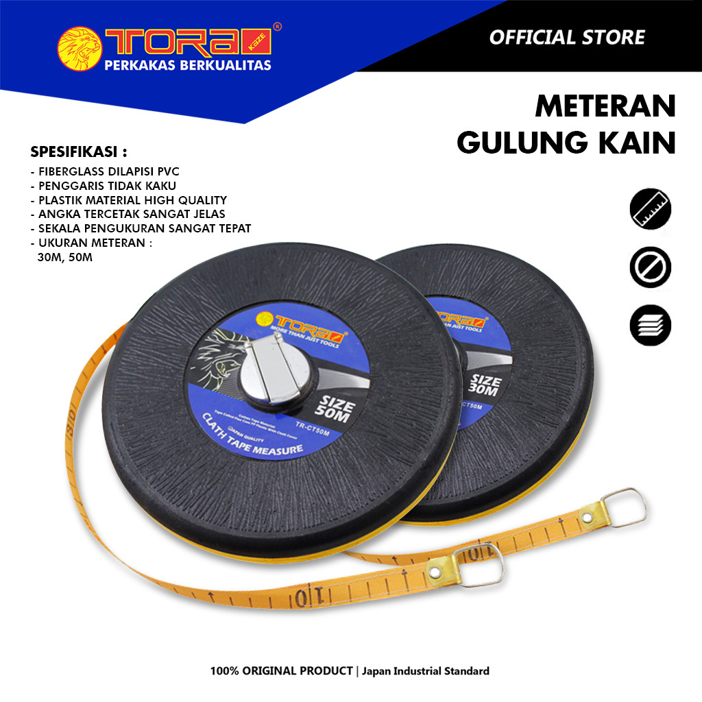 TORA Meteran Gulung Kain 30, 50 Meter - Meteran Bulat / Meteran Roll - Measuring Tape Cutton Tape