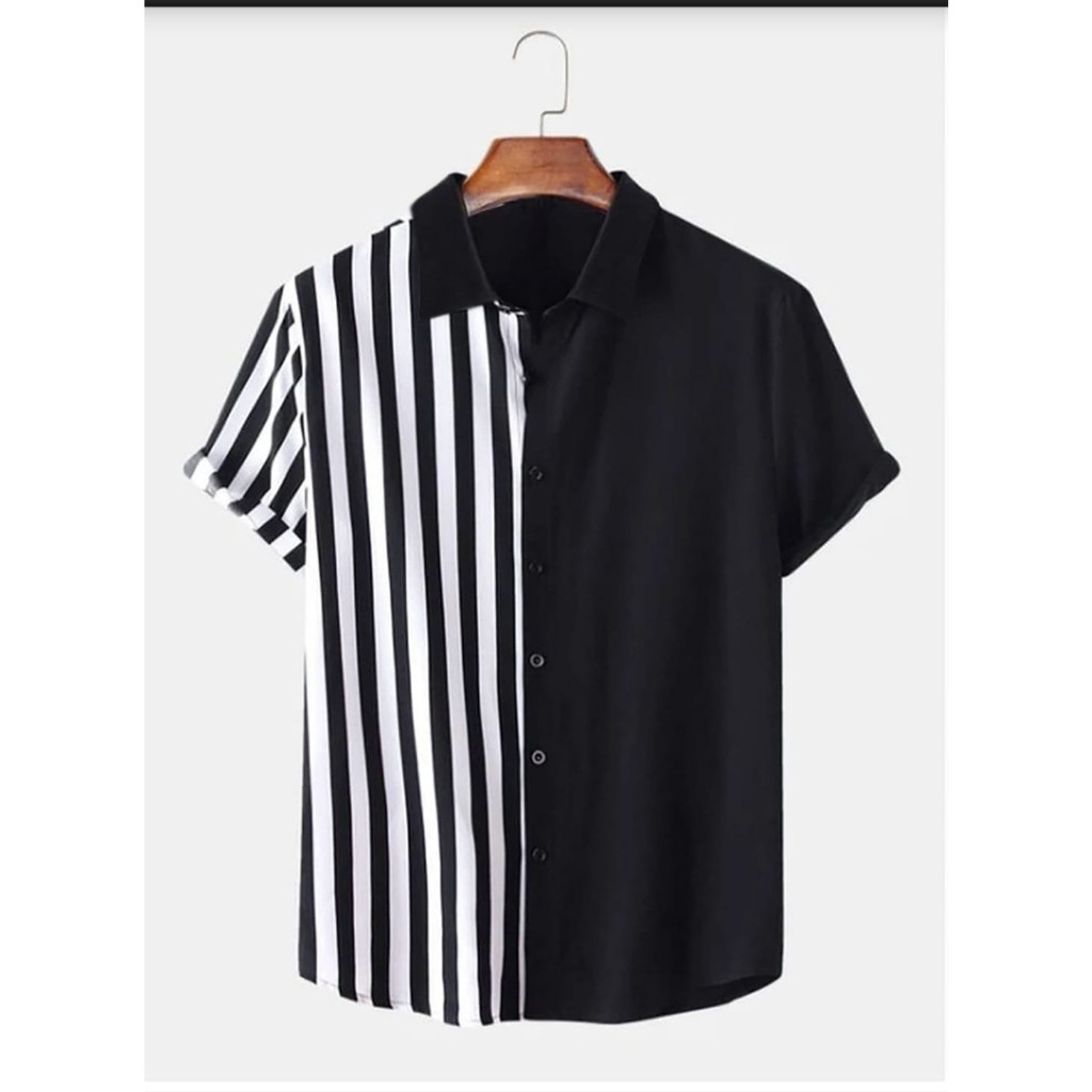 Kemeja  Hem Atasan PriaVarian Kombinasi Warna Salur Lengan Pendek Pria