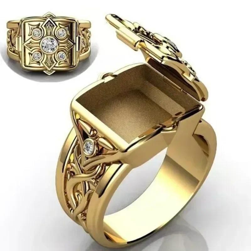 

Vintage Punk Men's Ring Secret Compartment Carved Men's Micro Set Zirconia Ring Punk Pirate Jewelry Ring