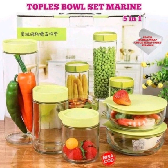 

(BUBBLEWRAP) TOPLES+MANGKOK KACA HIJAU KACA MARINE BOWL SET 5IN1