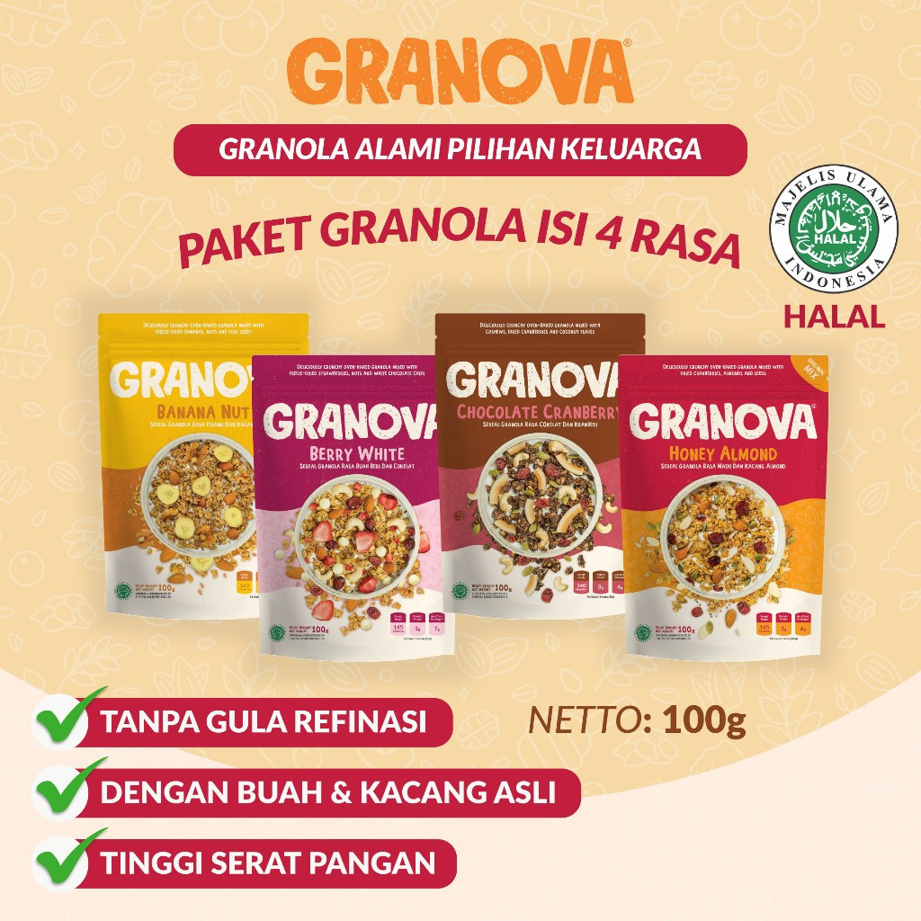 

Granova - Granola 100 Gr x 4 Pcs (Honey Almond, Choco Cranberry, Banana Walnut, Berry White) - Sereal, Sarapan Sehat, Halal