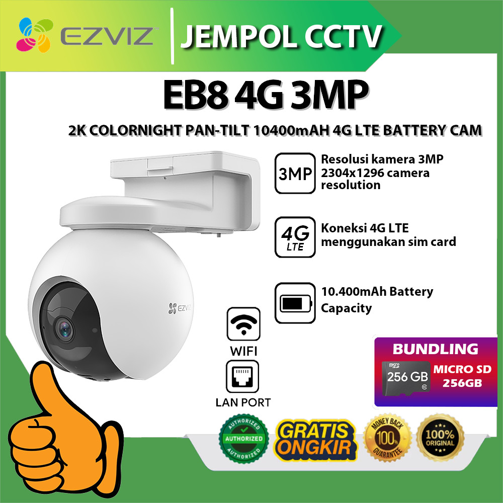 EZVIZ EB8 4G 3MP 2K COLORNIGHT PAN-TILT 10400MAH 4G LTE BATTERY CAM FREE MICRO SD 256GB