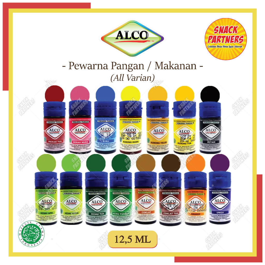 

ALCO - PEWARNA MAKANAN 12,5 ML Food Colouring Kue Cake - Merah Muda Hijau Muda Tua Pandan Biru Kuning Telur Telor Hitam Coklat Orange Ungu - Banjarmasin