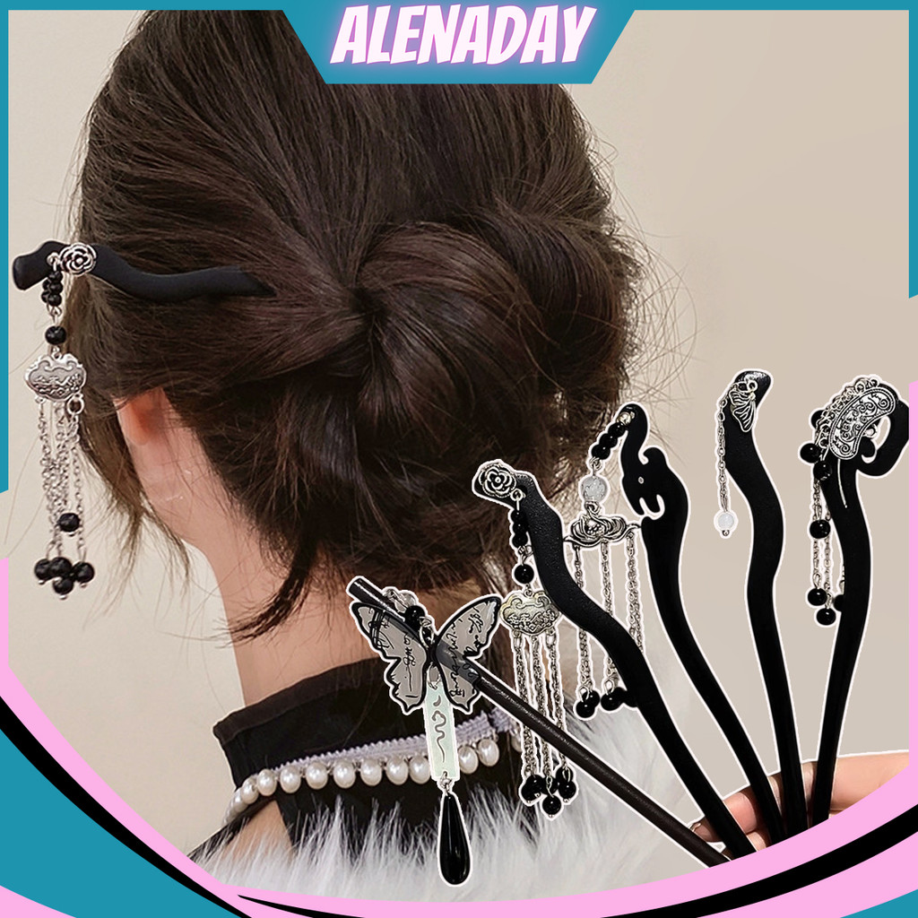 ALENADAY Tusuk Konde China Jepit Rambut Rumbai Kayu Hitam Hanfu Hiasan Kepala Fashion Wanita MHT11