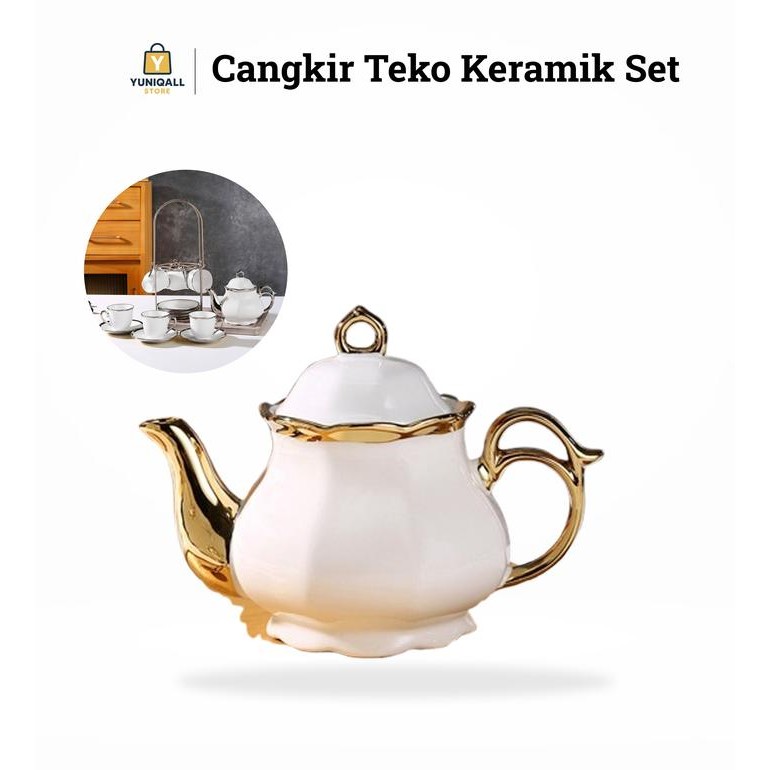 YUNIQALL Cangkir Teko Keramik Set Kopi 1 Teapot 6 Cup SELEAD - 1 Set Gelas Dan Teko Teh dan Kopi
