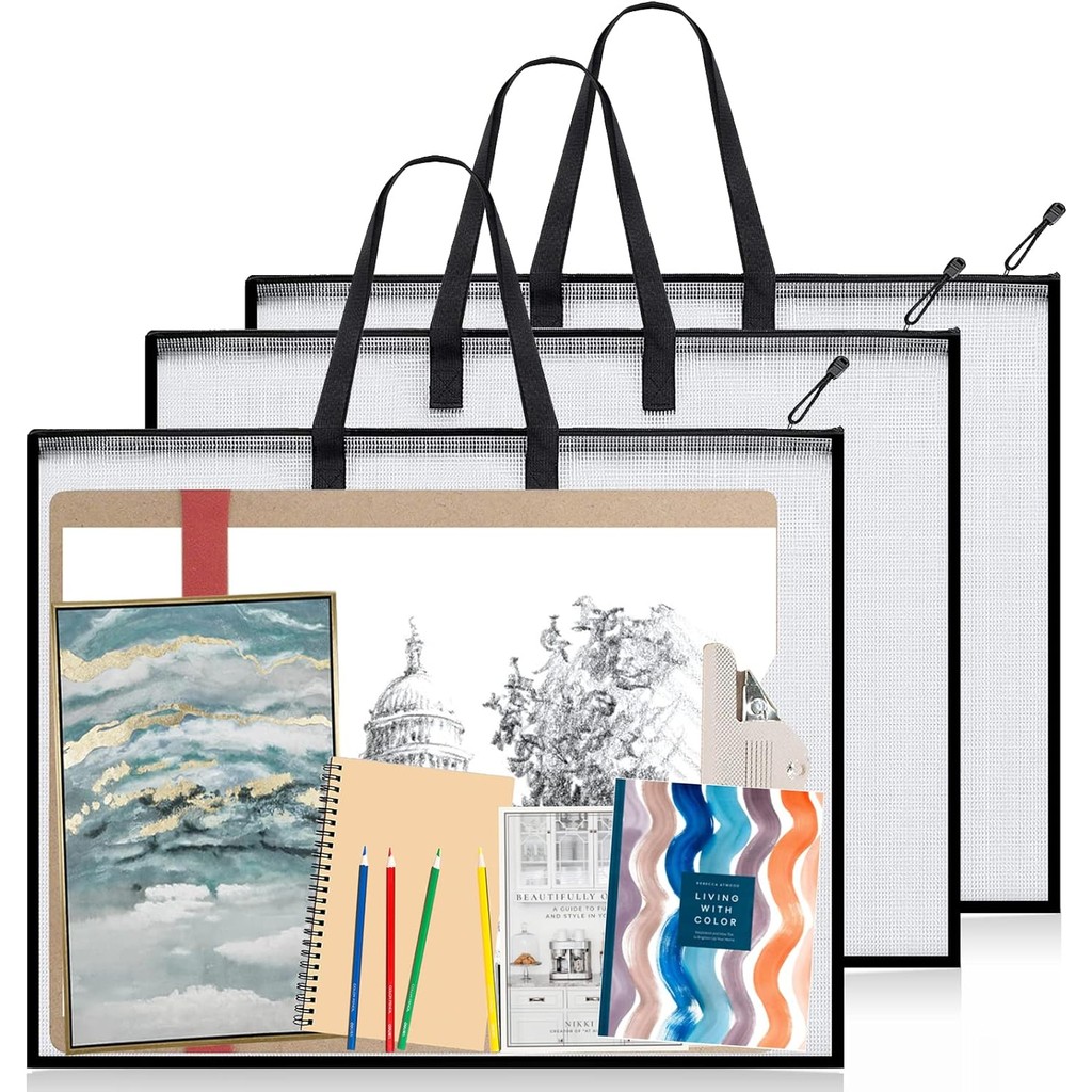 

19x25 Inches Art Portfolio Case, Portfolio Folder for Artwork, Posters Storage Bag with Zipper and Handle Mesh Folder Organizers