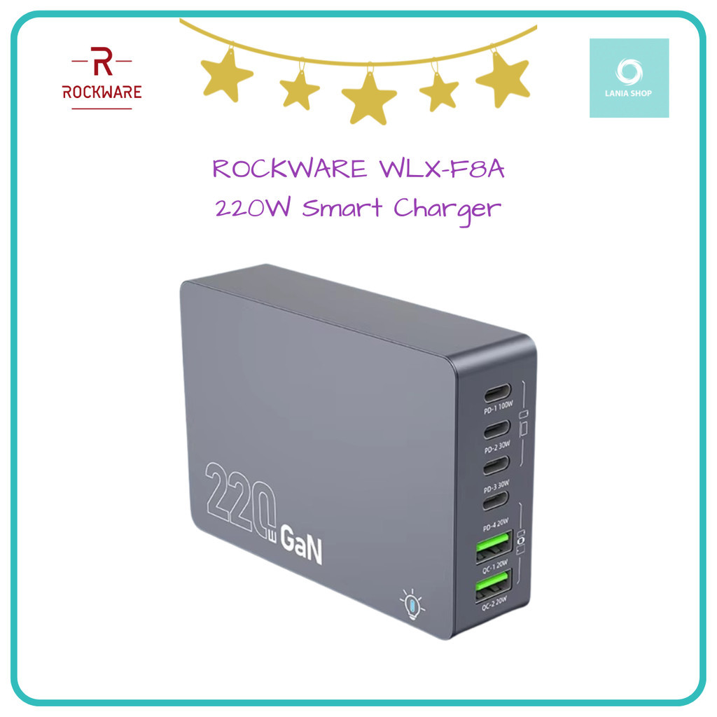 ROCKWARE WLX-F8A 220W Smart Charger 6 Ports USB-A USB-C Fast Charging