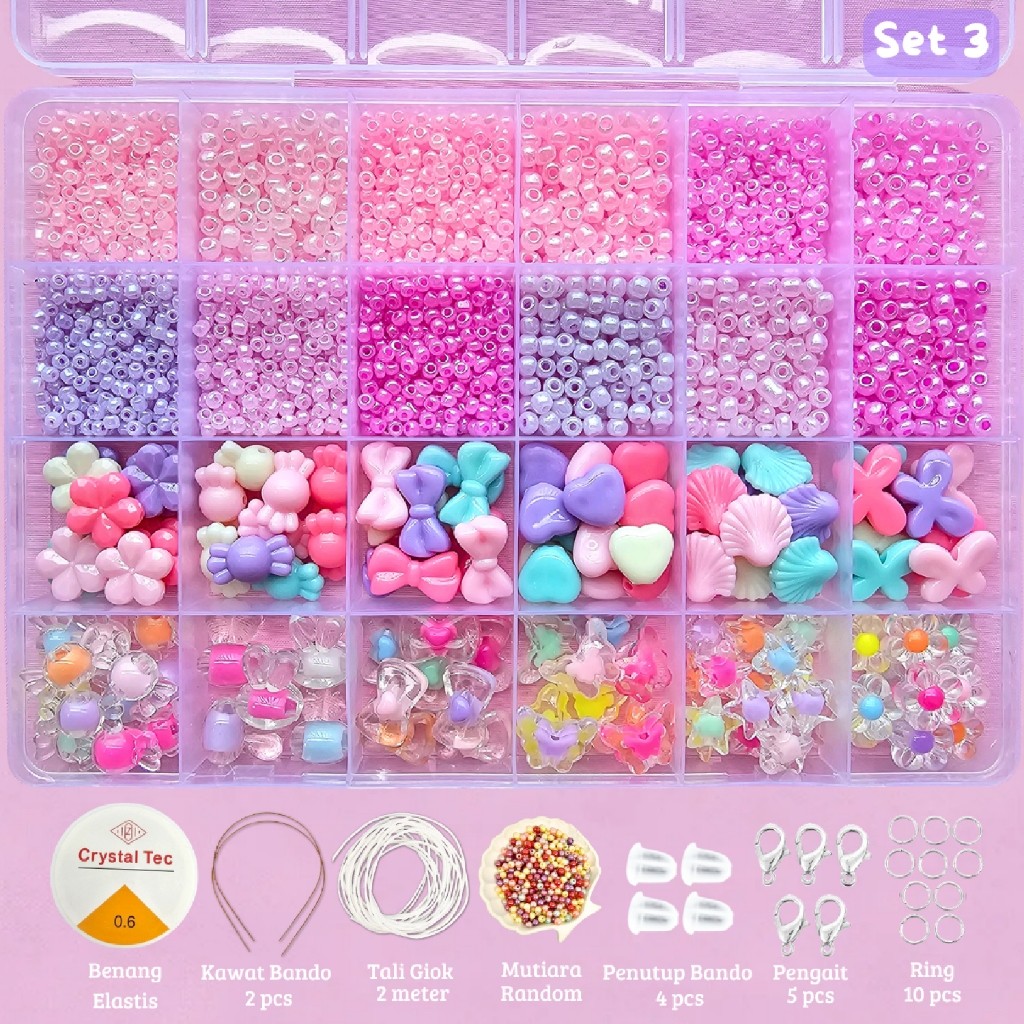 Mainan Anak Anak DIY Manik Manik Set Box Lucu Korea Beads Aesthetic (Gratis Benang Elastis + Tali Gi