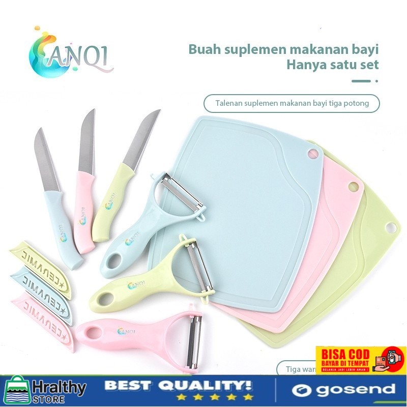 Pisau Set Dapur 3in1 Warna Pastel – Talenan Mini + Pisau Keramik + Peeler Serbaguna untuk Buah dan S