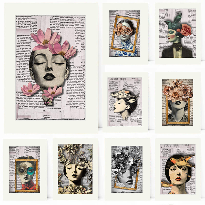 

Vintage Old Newspaper Style Collage Women Portrait Poster Retro Fashion Prints Canvas Painting Wall Art Pictures Home Room Decor