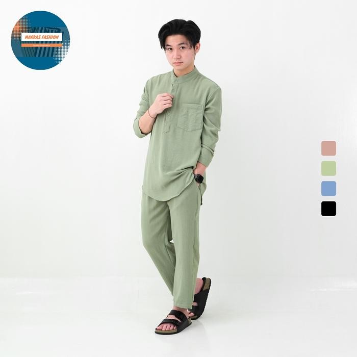 Satu Set Kurta Pria Dewasa Green Sage Kemeja Muslim Kurta Panjang Pria - M