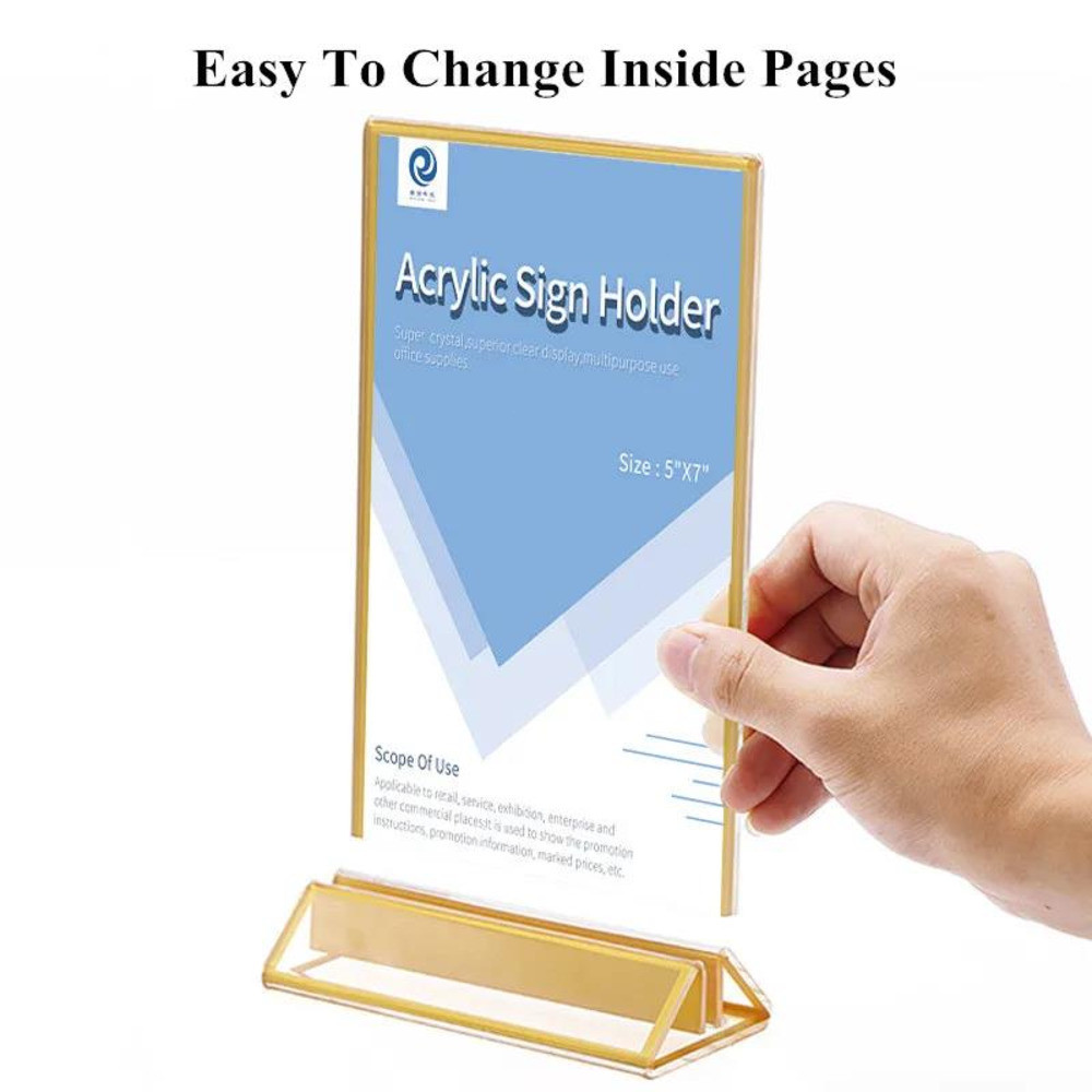 

130x180mm Gold Edge Acrylic Sign Holder Display Stand Restaurants Menu Paper Card Holder Price Label Photo Poster Frame