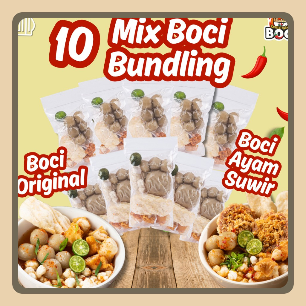 

Bundling 10 ( 5 boci ayam suwir 5 boci ori) Semangkok Boci
