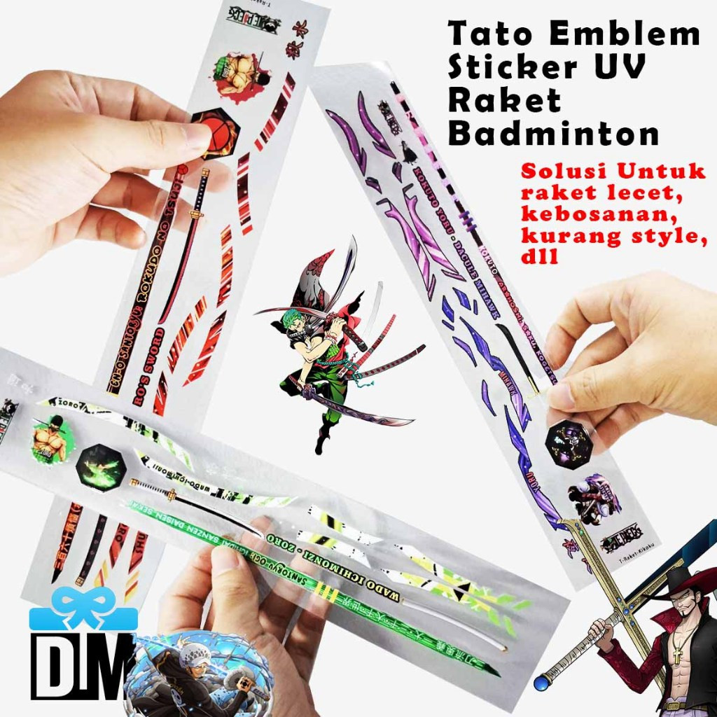 Sticker Tato UV Raket Badminton Bulu Tangkis Emblem Cat Pedang Zoro Law Mihawk Keren Wado Shusui Enm