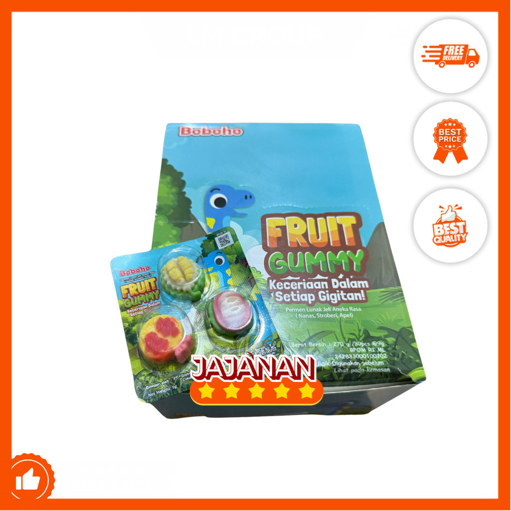 

Fruit Gummy Boboho Permen Jeli Aneka Rasa (Nanas Stroberi Apel) 1 Pack isi 30 pcs 9gr Jajanan Termurah
