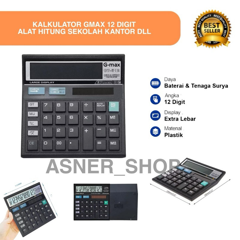 

TERMURAH GM-512 Calculator Layar Digital Alat hitung Hitam 2 Power Kakulator Gmax Besar 12 Angka BISA COD