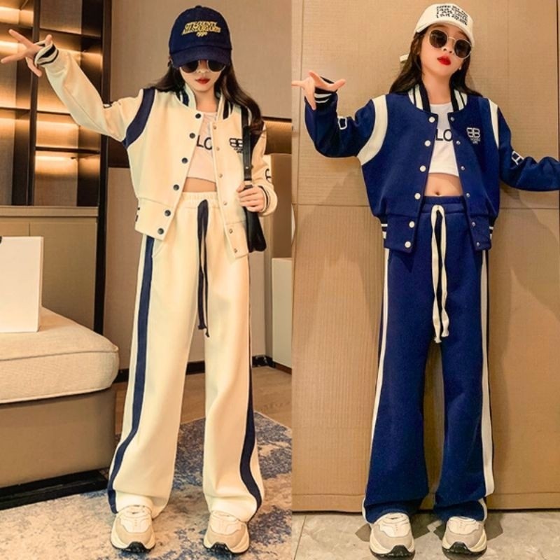 Setelan Jaket Anak Perempuan Baseball Simple One Set Kulot Varsity Jacket Usia 3-12 Tahun