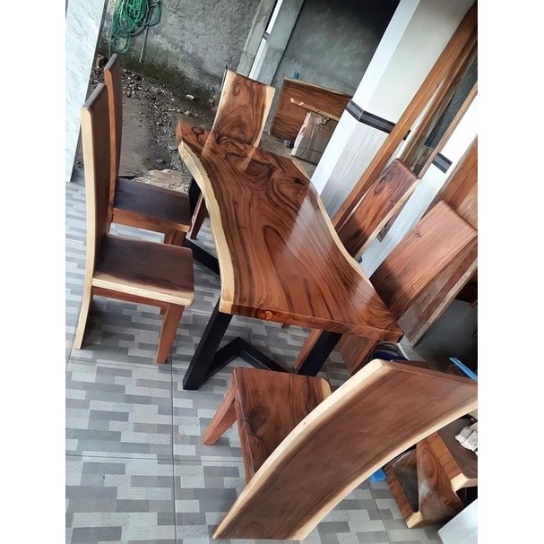 Meja makan trembesi, set meja makan, set meja makan trembesi