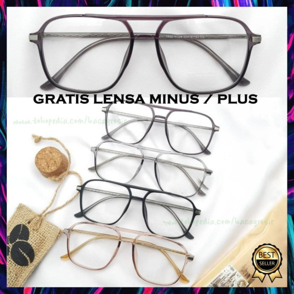 Kacamata Pria Wanita Square Frame Lebar Aviator Bisa Lensa Minus/Plus