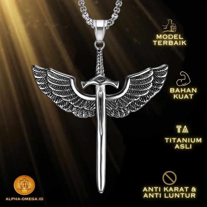 Kalung Salib Pria Titanium Liontin Sayap dan Pedang Titanium Anti Karat Kalung Salib Keren Laki-Laki