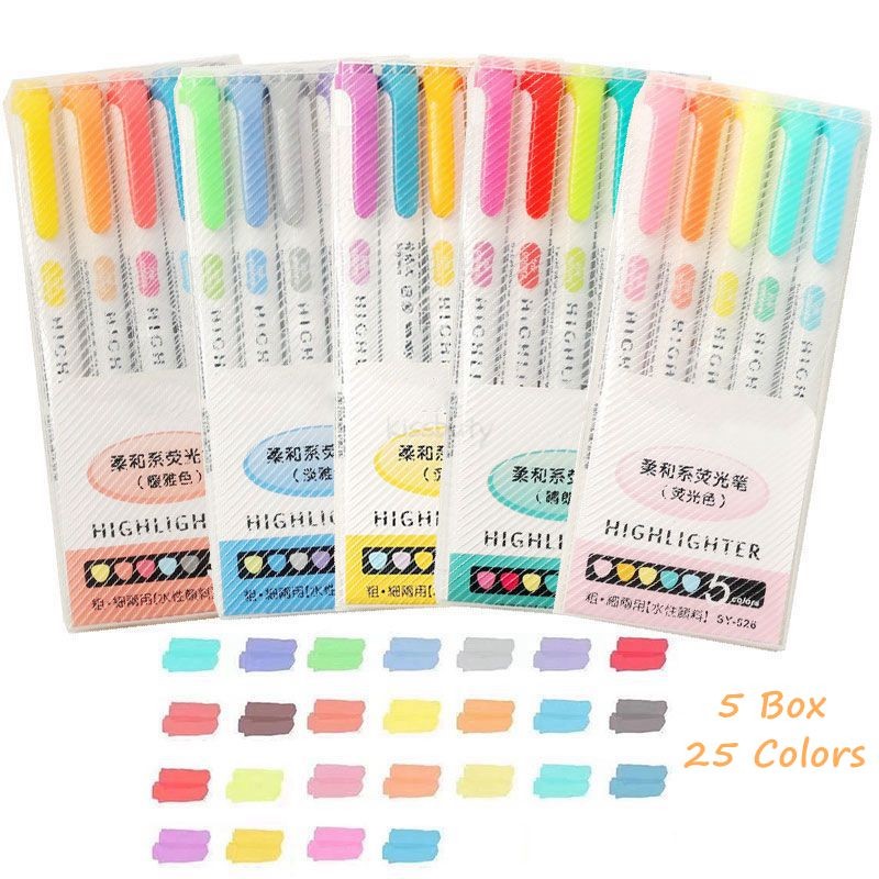 

25 Colors Cute Double Head Highlighter Pen Art Marker Japanese Sofe Color Fluorescent Pen School Office Stationery