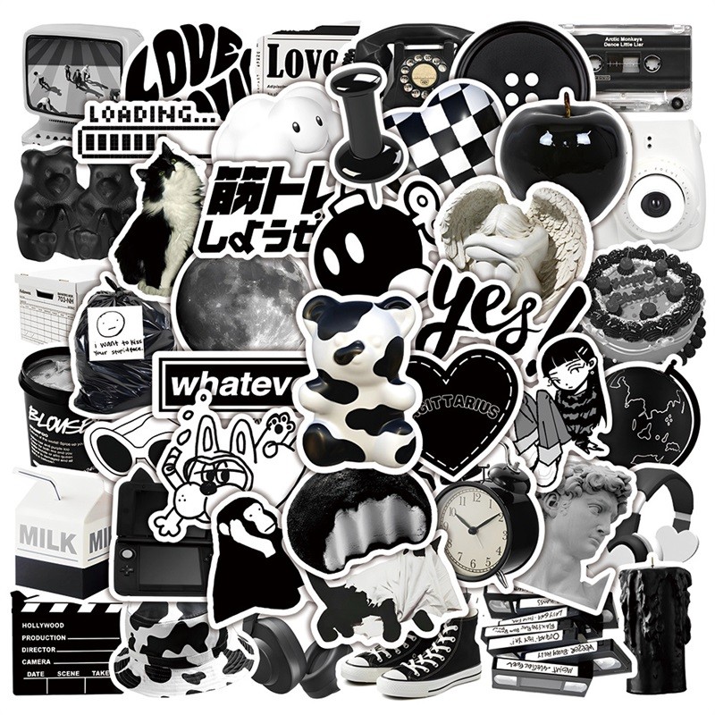

10/30/50PCS INS Black White Sketchbook Sticker Aesthetic PVC Children's Laptop School Stationery Scrapbooking Supplies for Kids