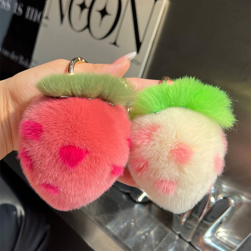 Y2K Fashion Real Rex Rabbit Fur Strawberry Pendant Fur Keychain for Bags Women's Bag Backpack Strawb