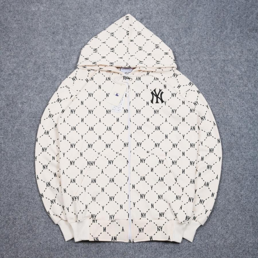 Zipper Hoodie MLB New Era New York Yankees Jaket Pria Wanita Hitam Cream Full Print Sweater Crewneck