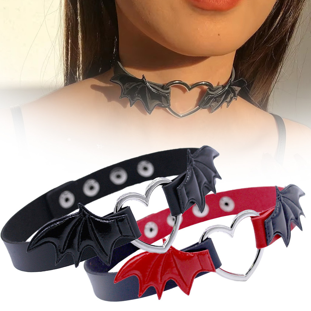 Choker punk Gaya punk kalung choker wanita Jantung kalung kulit - Hitam/Hitam-Merah