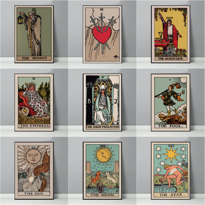 

Vintage Big Alcana Tarot Augury Cards Medieval European Divination Astrology Poster Canvas Painting Wall Art Pictures Home Decor