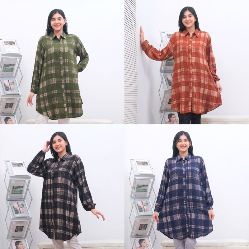BAROSHOP Tunik Kemeja Wanita / Bahan Rayon Premium Salur & Kotak  Ld 110 & Ld 120 Oversize Lengan Pa
